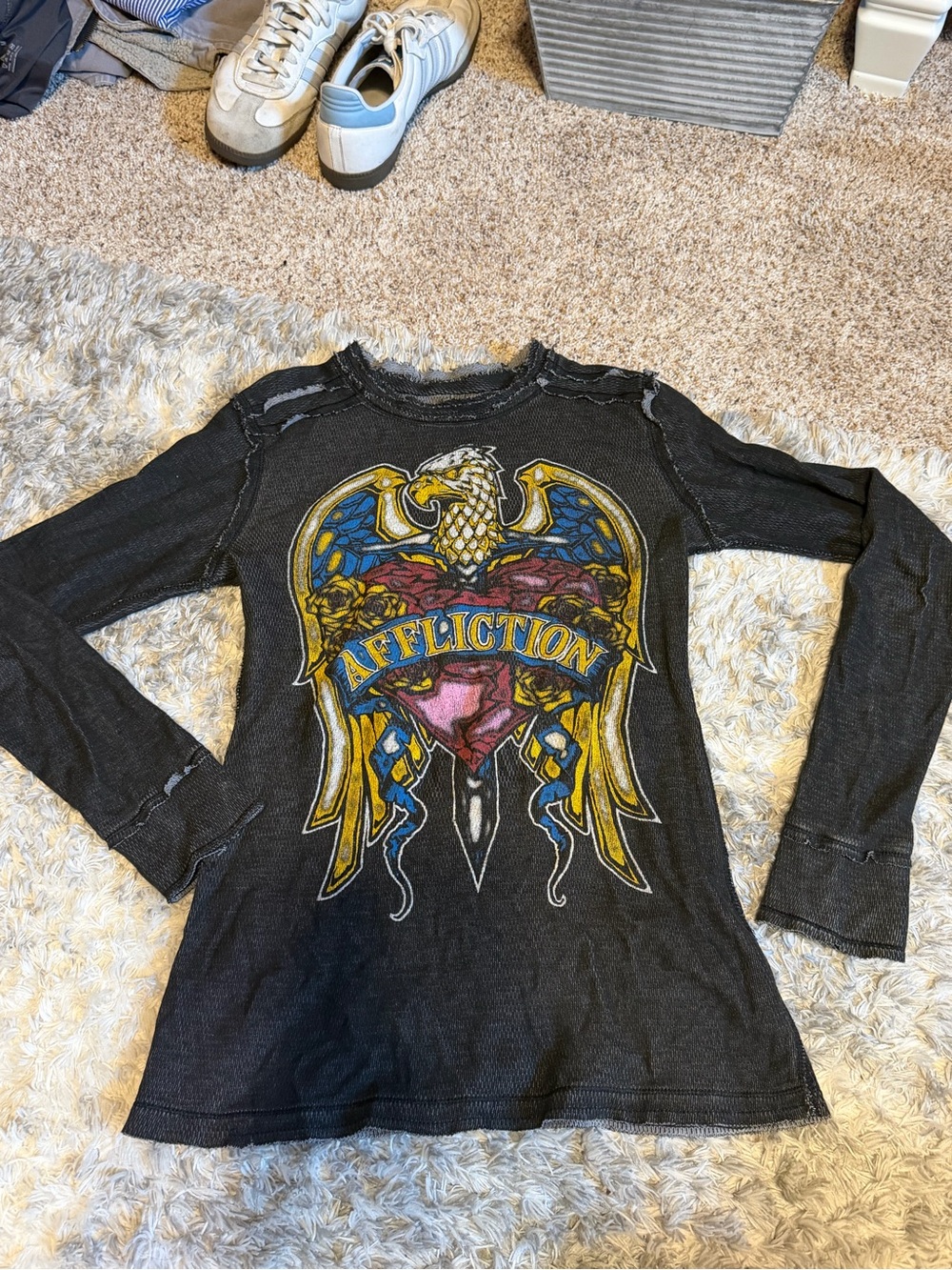 Affliction Women’s Black Graphic Long Sleeve Tee - Eagle Heart Design